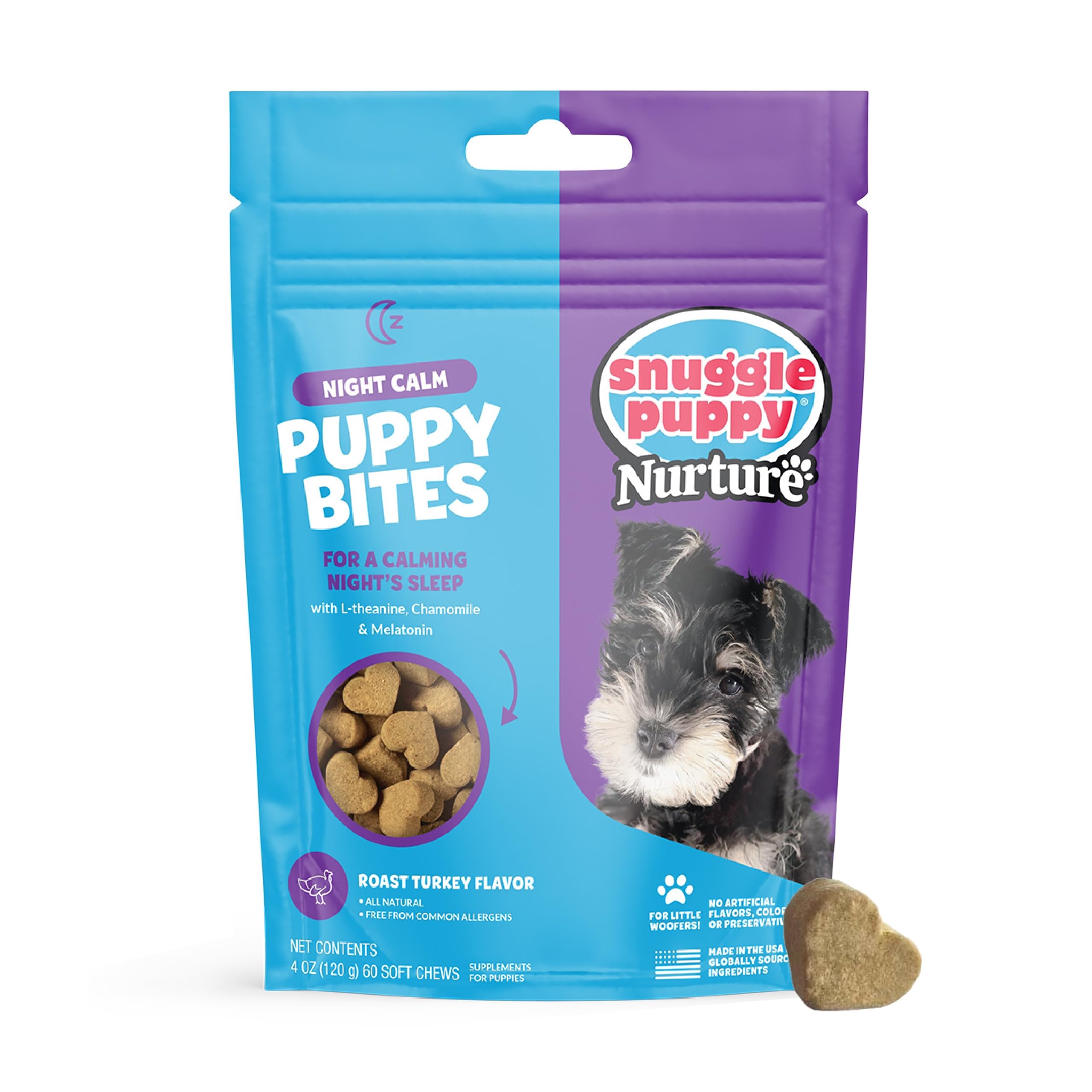 Snuggle Puppy Night Calm Puppy Bites - Calming Chew Bites for Dogs - Puppy Supplement to Support Restfulness & Sleep - Puppy Chew Bites with Melatonin, Chamomile & Ashwagandha - 60 Soft Chews