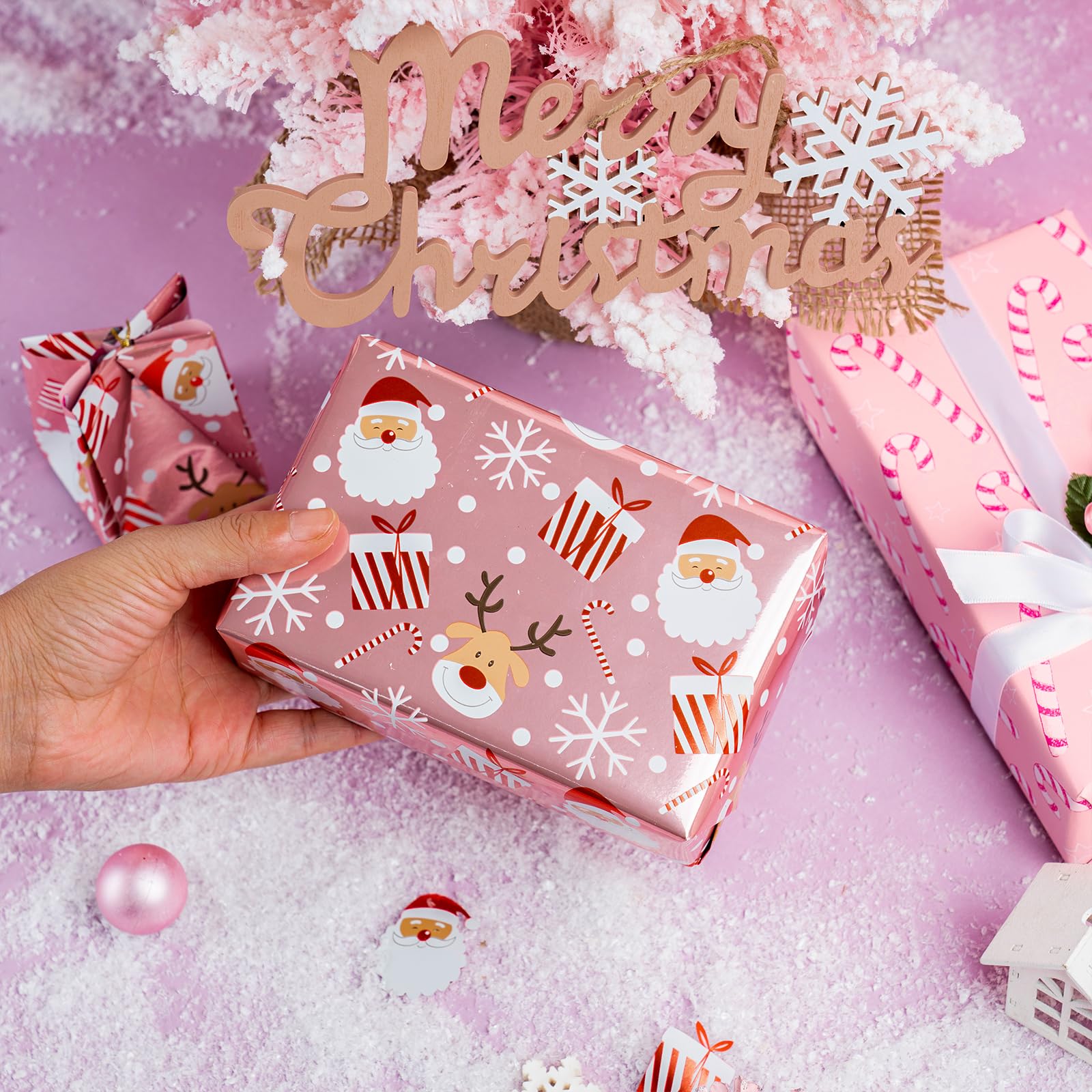 LeZakaa Reversible Christmas Wrapping Paper - Jumbo Roll - Santa Claus & Candy Cane with Metallic Foil in Pink - 24 inches x 100 Feet (200 sq.ft.)