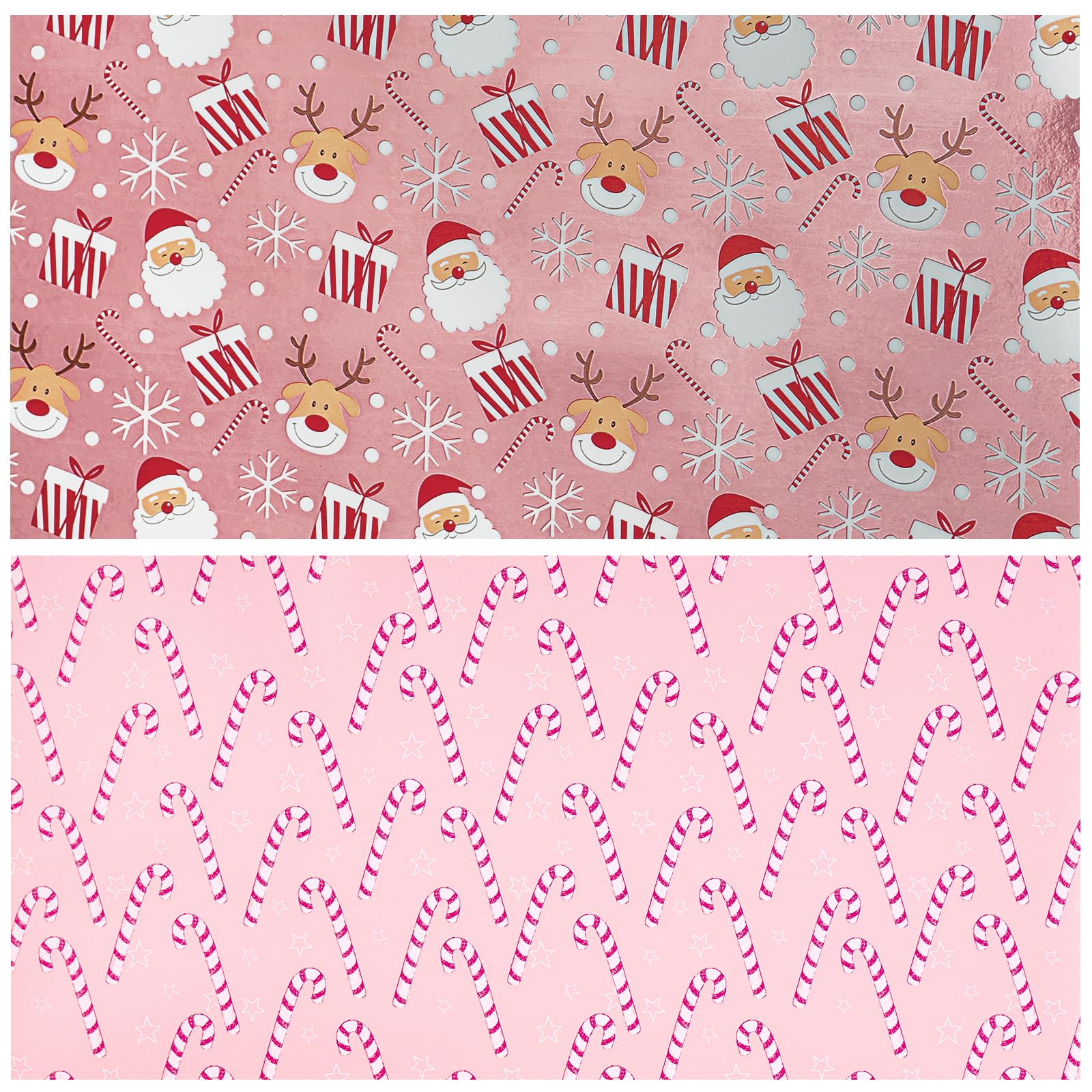 LeZakaa Reversible Christmas Wrapping Paper - Jumbo Roll - Santa Claus & Candy Cane with Metallic Foil in Pink - 24 inches x 100 Feet (200 sq.ft.)