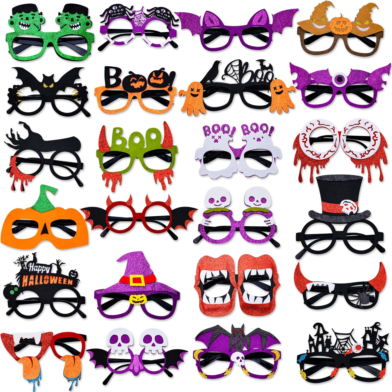 Garma 24 Pcs Halloween Glasses for Kids, Halloween Party Favors Plastic Party Glasses, Glitter Eyeglasses Halloween Photo Booth Props, Halloween Decorations with Pumpkin, Spider, Ghost Novelty Eyewear