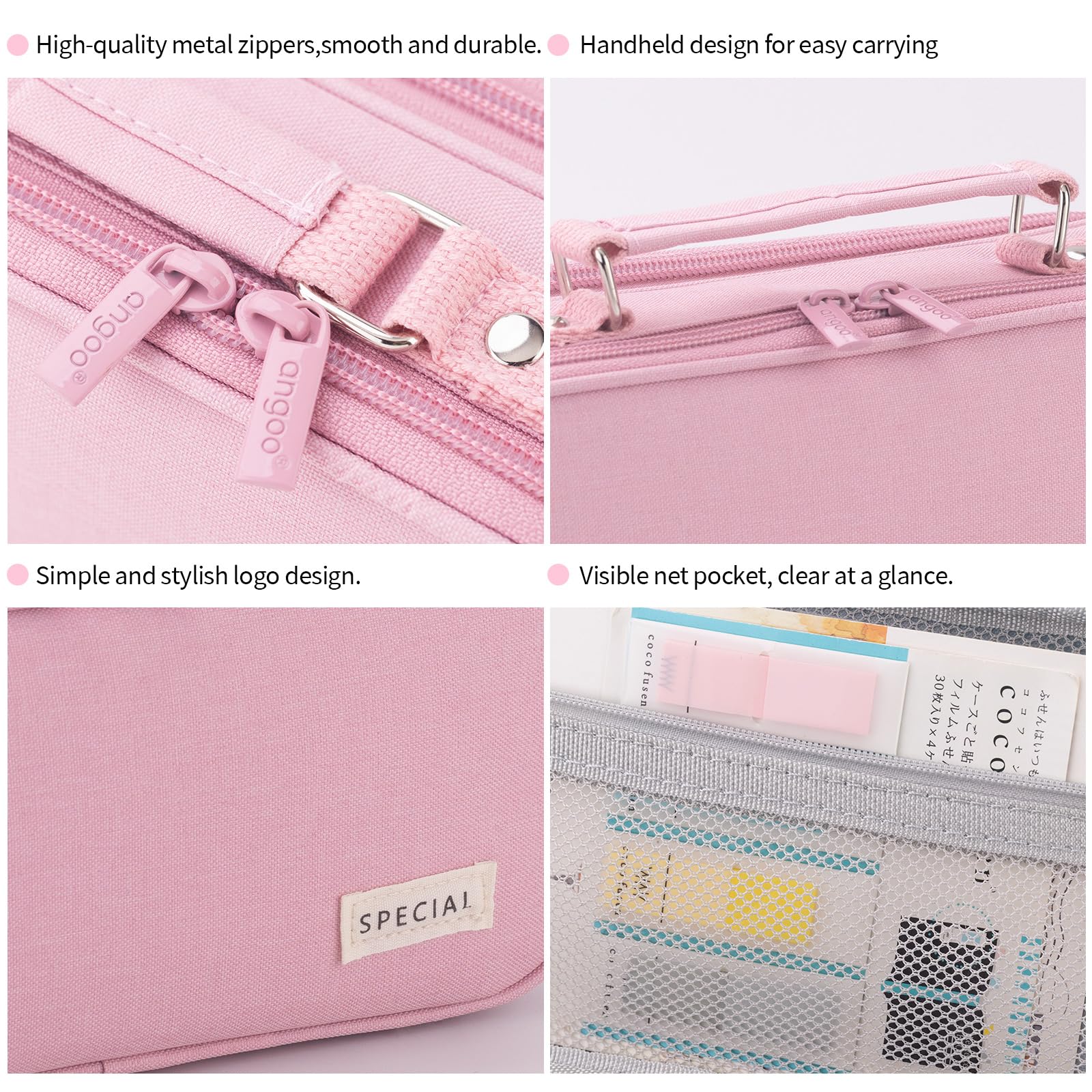 HVOMO Large capacity pencil case Pouch Double Zipper Storage Bag 3 Compartments Portable Multifunctional bag Desk Organizer School Marker Pen Case(Pink)