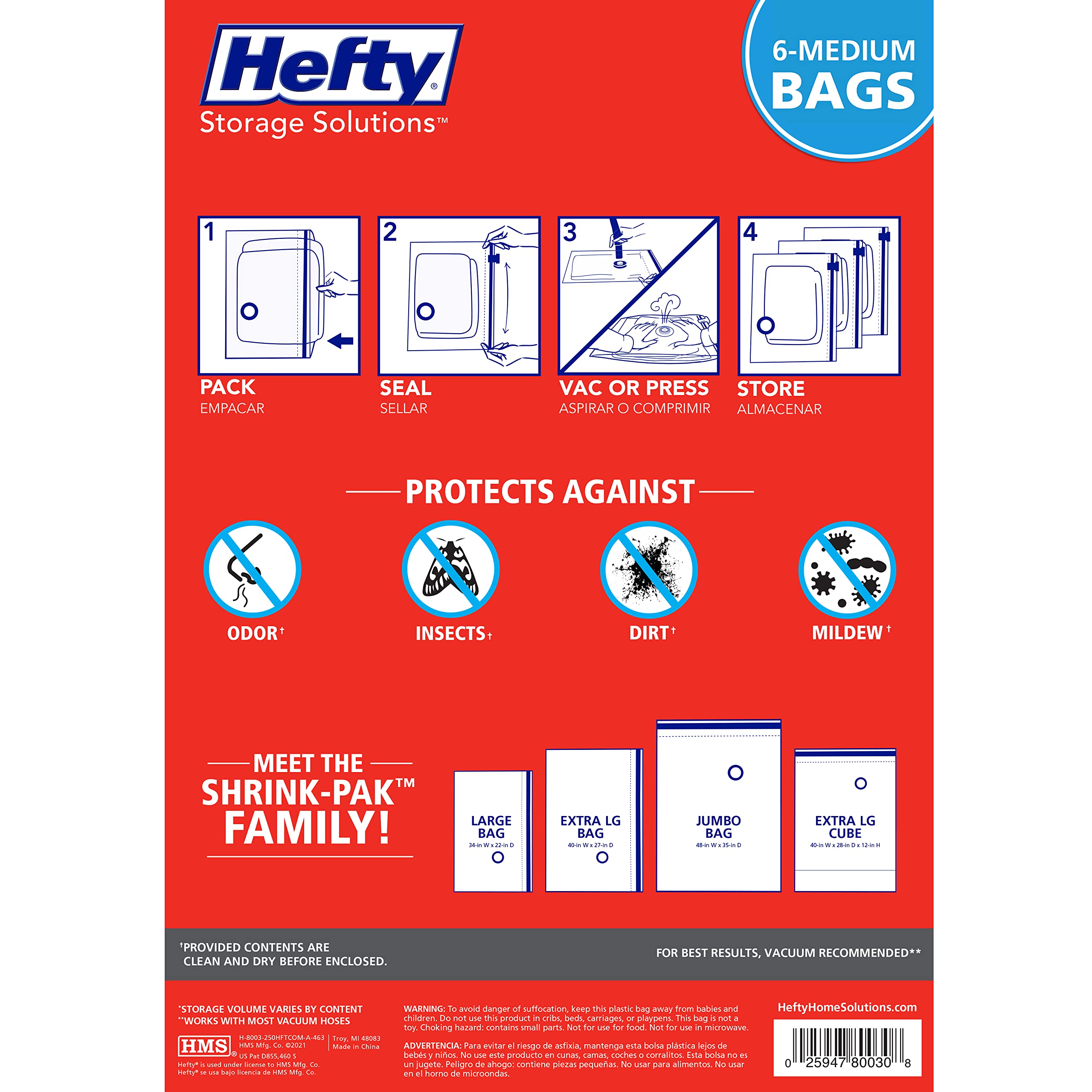 Hefty Shrink-Pak Vacuum Storage Bags – For Clothes, Pillows, Towels, Blankets & More – Space Saver Vacuum Suction Sealer Bags for Home or Travel – 6 Medium Bags, 23 x 18 Inches