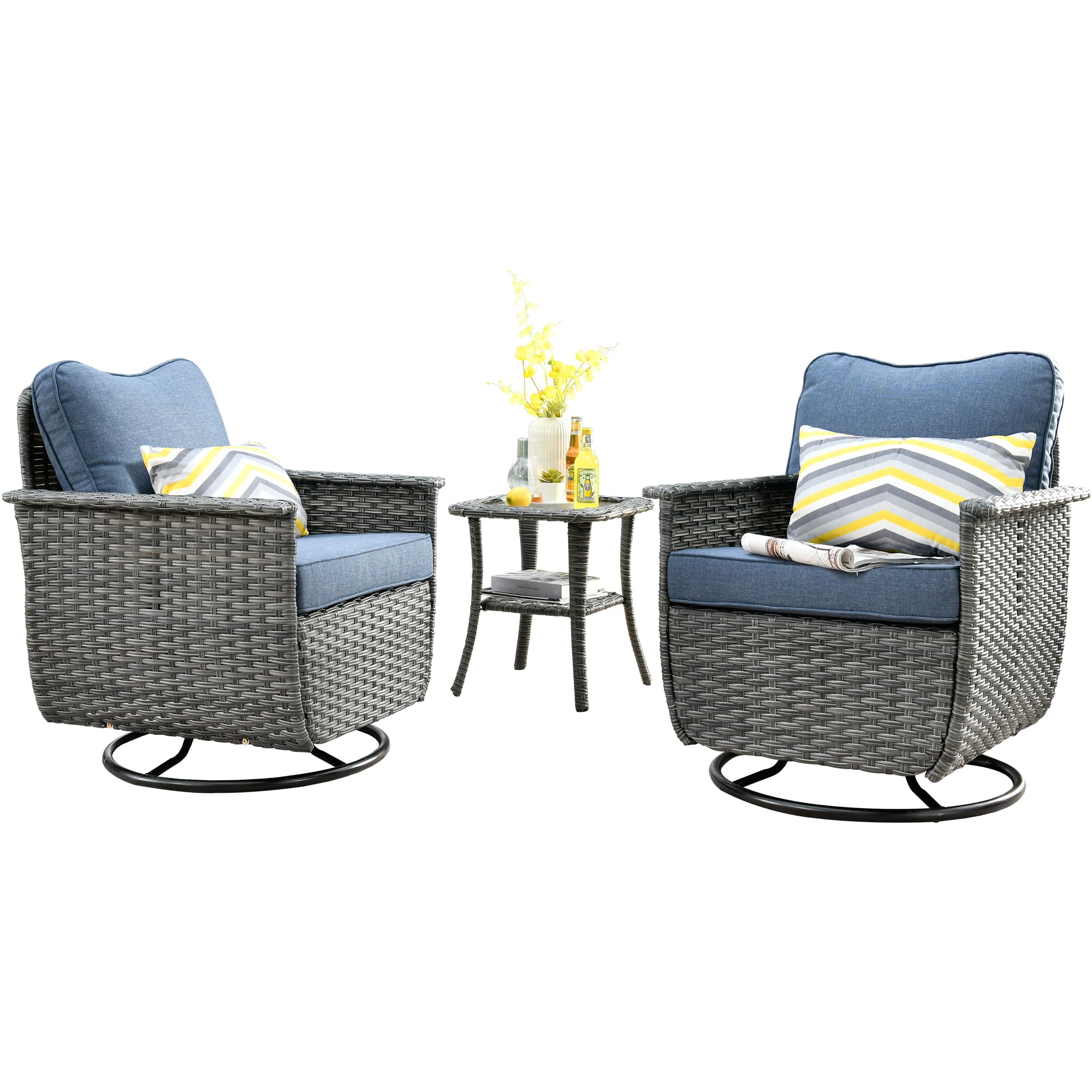 ovios 3 Pieces Patio Rocking Swivel Chairs with Side Table, Outdoor Wicker Rattan Rocker Chair of 2 with High Back Comfy Cushions for Porch Deck Garden (Grey Wicker-Denim Blue)