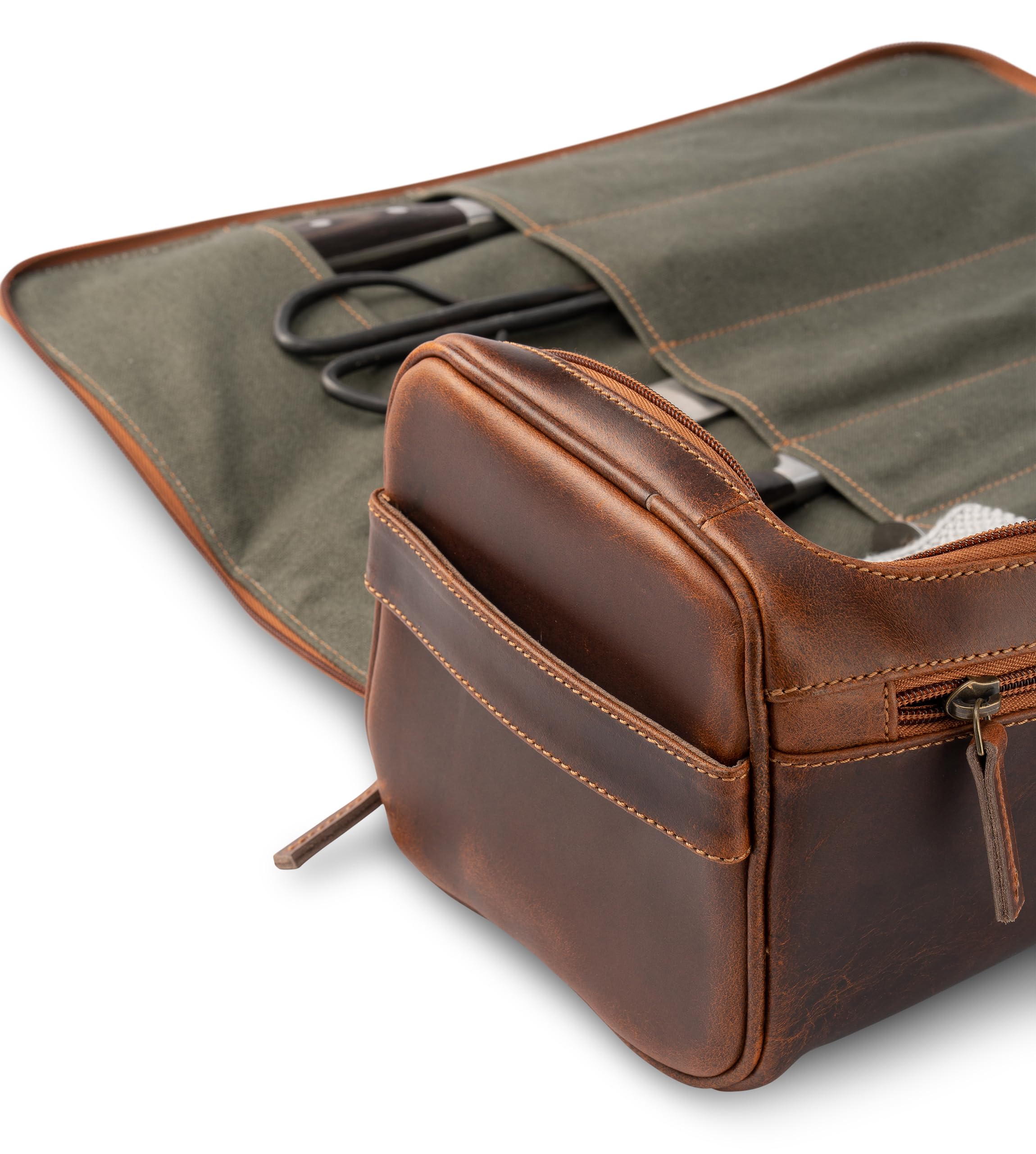 Angus Stoke premium leather knife bag-case, XXL chef's roll bag with huge storage space and extras - waxed vintage buffalo leather, Arvid (Walnut-Brown)