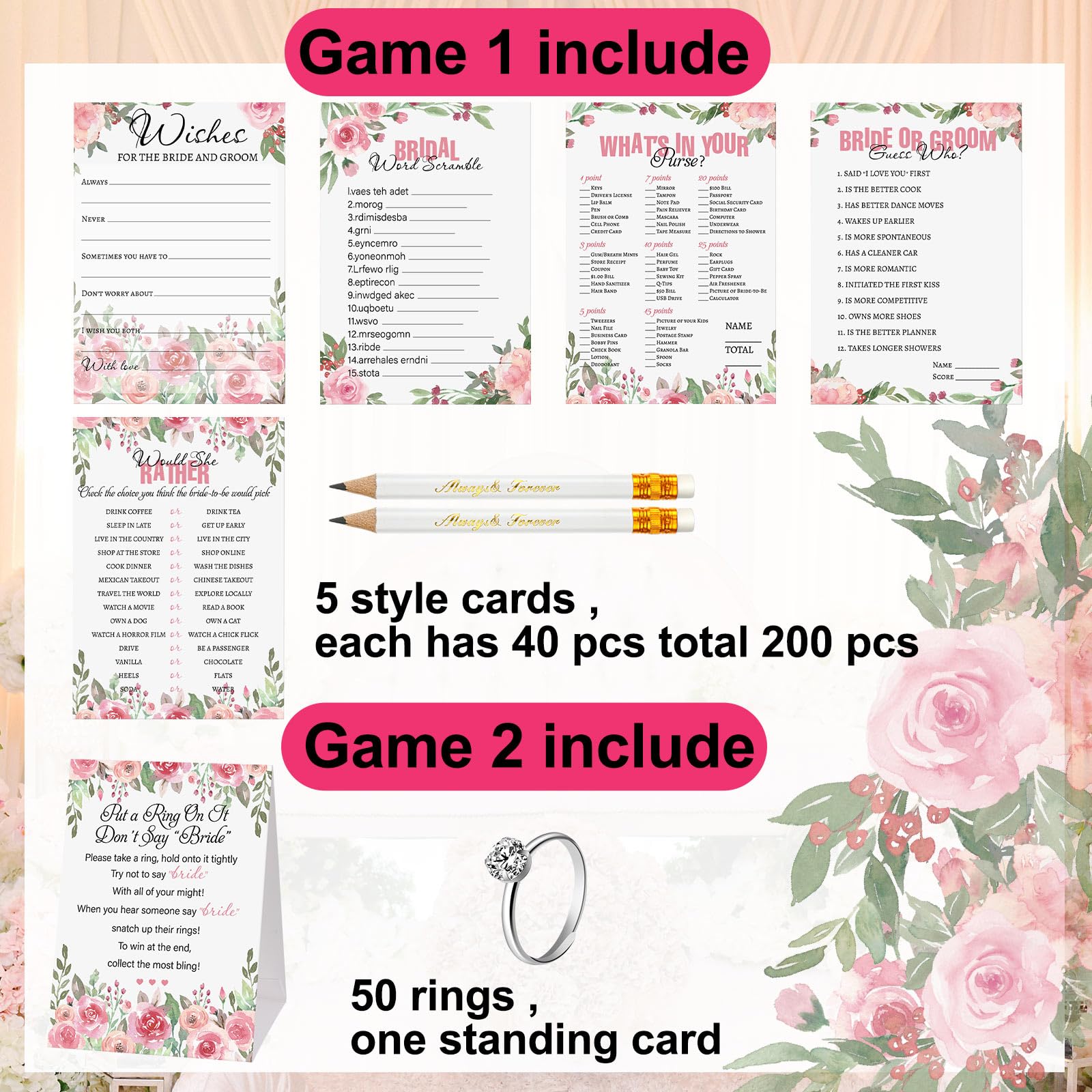 Ctosree Bridal Shower Games Set Put a Ring on It Bridal Shower Game with 50 Fake Rings and 200 Wedding Games Cards with 20 Pencils Bachelorette Party Games Bridal Shower Favors Decorations for Guests