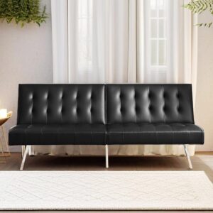 naomi home tufted split back futon convertible sofa bed, futon couches for living room, faux leather futon couch bed with chrome legs, folding, reclining small convertible sofa bed, black