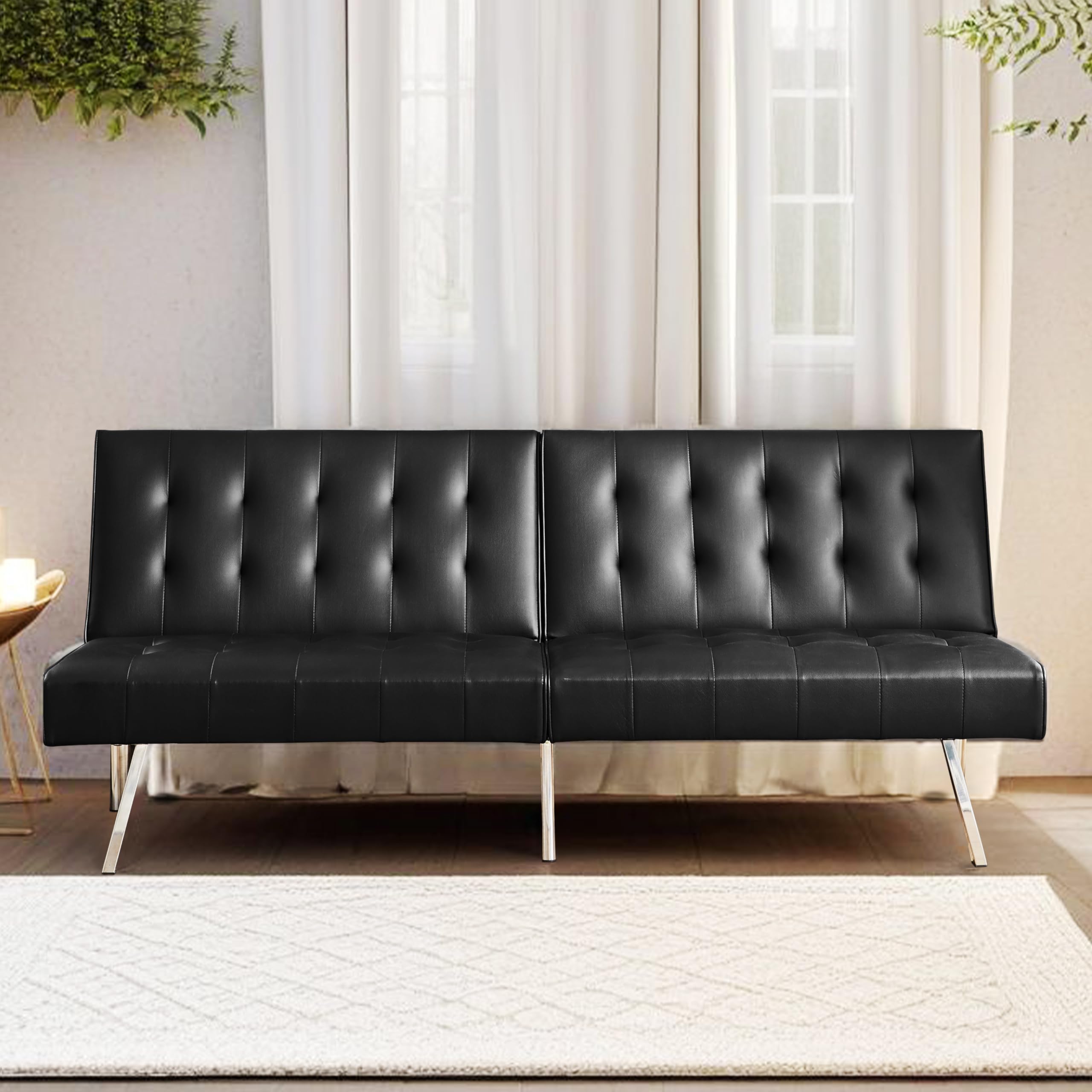 Naomi Home Tufted Split Back Futon Convertible Sofa Bed, Futon Couches for Living Room, Faux Leather Futon Couch Bed with Chrome Legs, Folding, Reclining Small Convertible Sofa Bed, Black