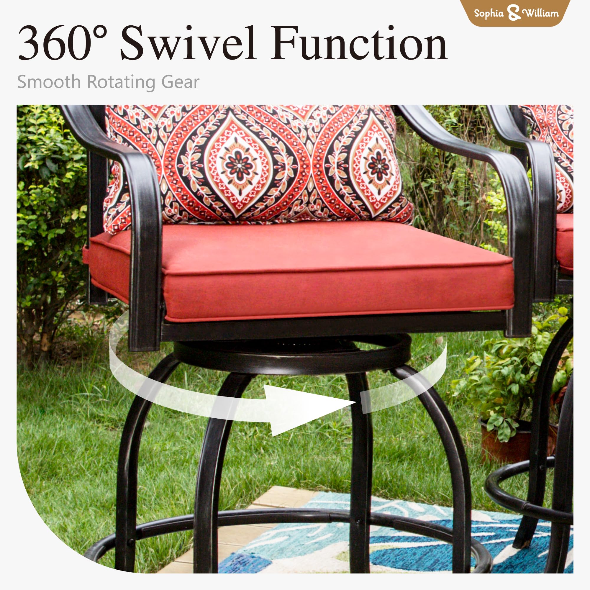 Sophia & William Outdoor Swivel Bar Stools Set of 6 Patio Bar Height Dining Chairs, All-Weather Metal Furniture Set with Armrest and Cushion for Garden Lawn Backyard, Red