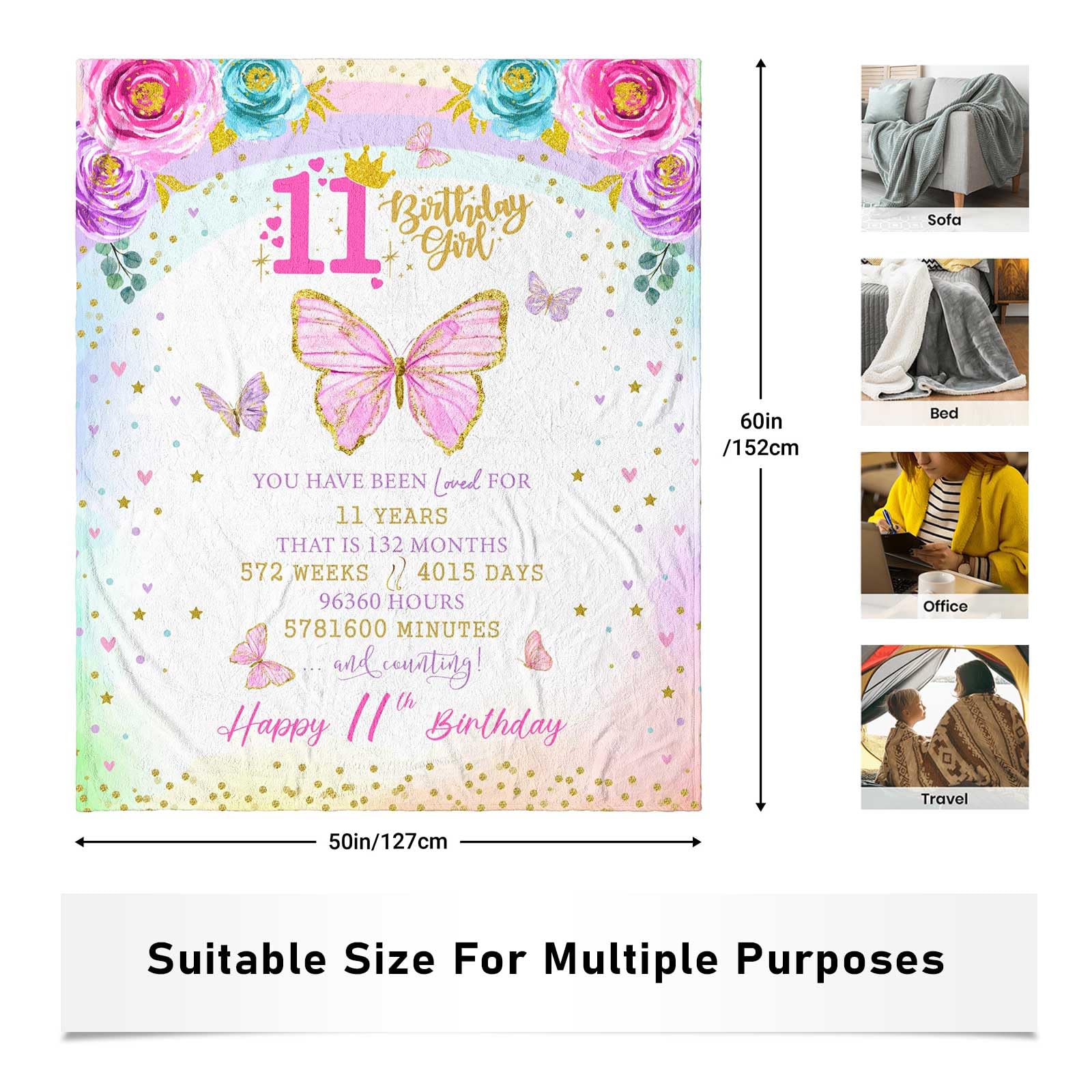 Sbangtu 11 Year Old Girl Birthday Gifts, Best Birthday Gifts for 11 Year Old Girls, 11 Year Old Girl Gift Ideas, Cool Presents Stuff for Girls Age 11, 11th Birthday Decorations Throw Blanket 50"X60"