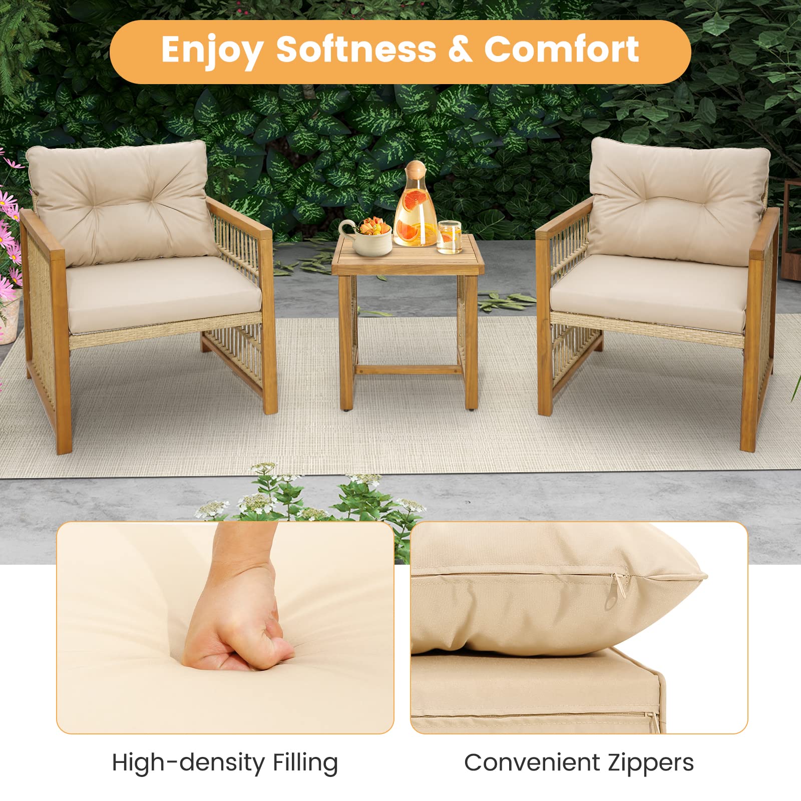 HAPPYGRILL 3 Pieces Patio Furniture Set, PE Wicker Conversation Set with Soft Seat & Back Cushions, Stable Acacia Wood Frame, Outdoor Sofa Set for Backyard, Porch, Poolside