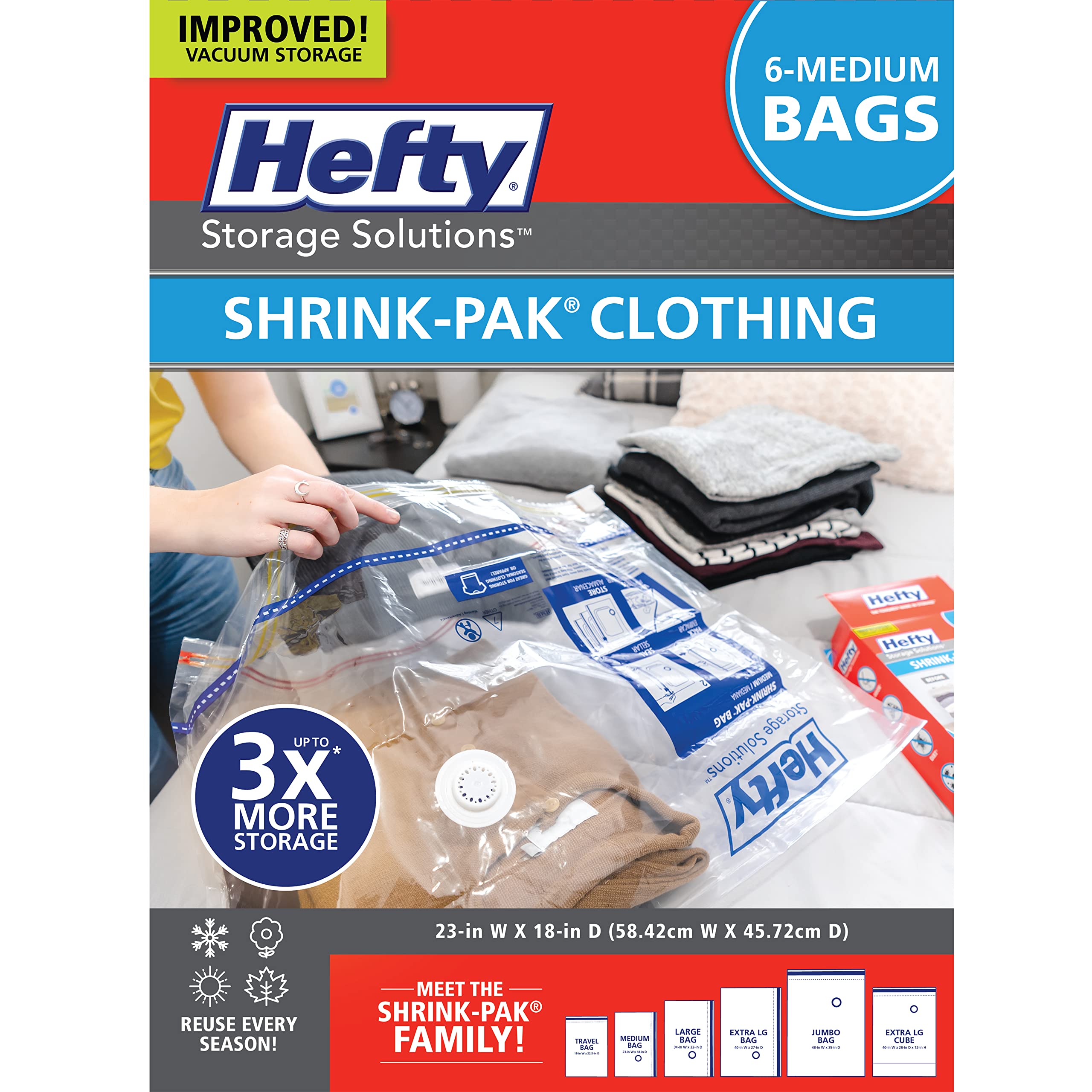 Hefty Shrink-Pak Vacuum Storage Bags – For Clothes, Pillows, Towels, Blankets & More – Space Saver Vacuum Suction Sealer Bags for Home or Travel – 6 Medium Bags, 23 x 18 Inches