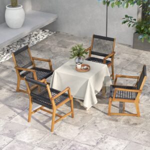 Tangkula Outdoor Acacia Wood Dining Chairs Set of 4, All-Weather Rope Woven Patio Chairs with Armrests, Outdoor Armchairs for Patio, Lawn, Garden, Backyard (2)