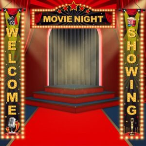 3 Pieces Light Movie Night Porch Sign Banner LED Movie Theme Party Decorations Movie Theater Welcome Now Showing Lights Camera Action Hanging Porch Sign for Home Film Backdrop Party Supplies