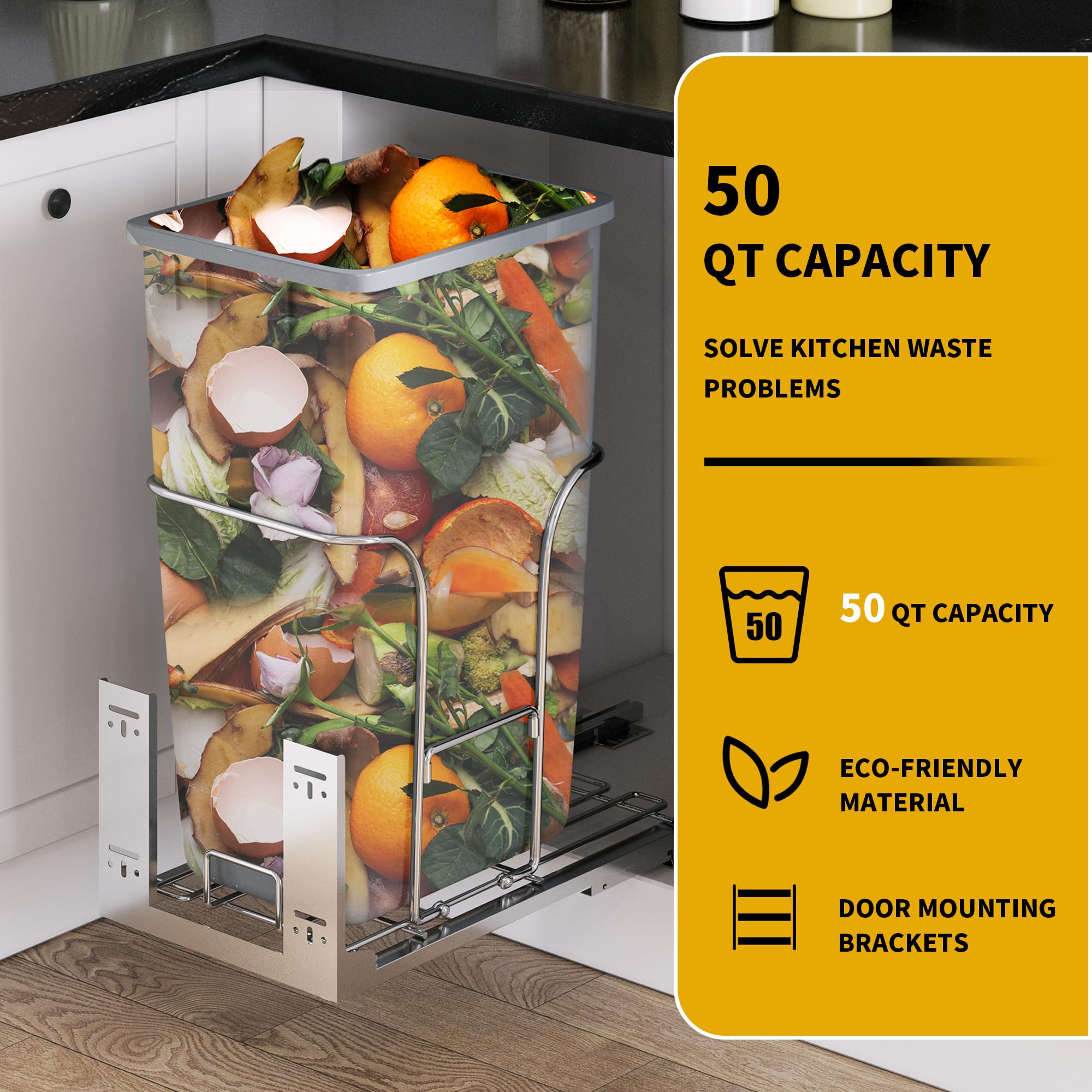 DWVO 50-Quart Pull-Out Trash Can with Lid Single Bins, Sliding Under Mount Kitchen Pullout Waste Container Trash Can, Gray