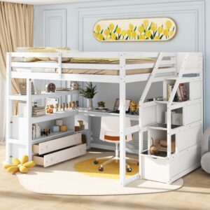 full loft bed with stairs and desk, wood loft bed frame with storage cabinet, high loft beds with drawers & shelf for kids, juniors, teen, boys, girls, white