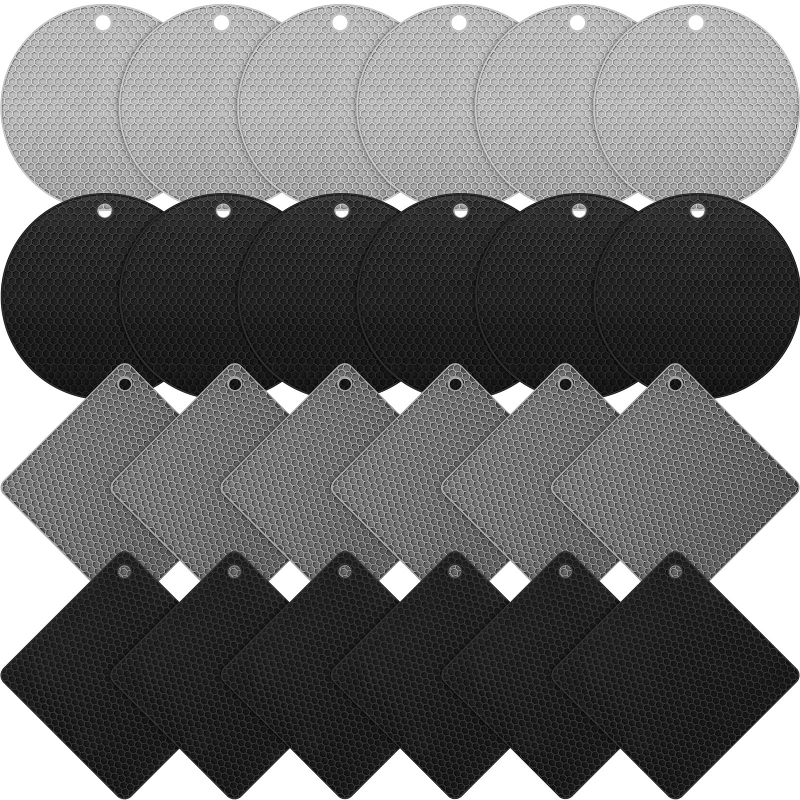 Dandat 24 Pcs Silicone Trivets for Hot Dishes Non Slip Hot Pads for Kitchen Multipurpose Pot Holders for Kitchen Easy to Wash Heat Resistant Mat for Countertops Table, Gray and Black, Square and Round