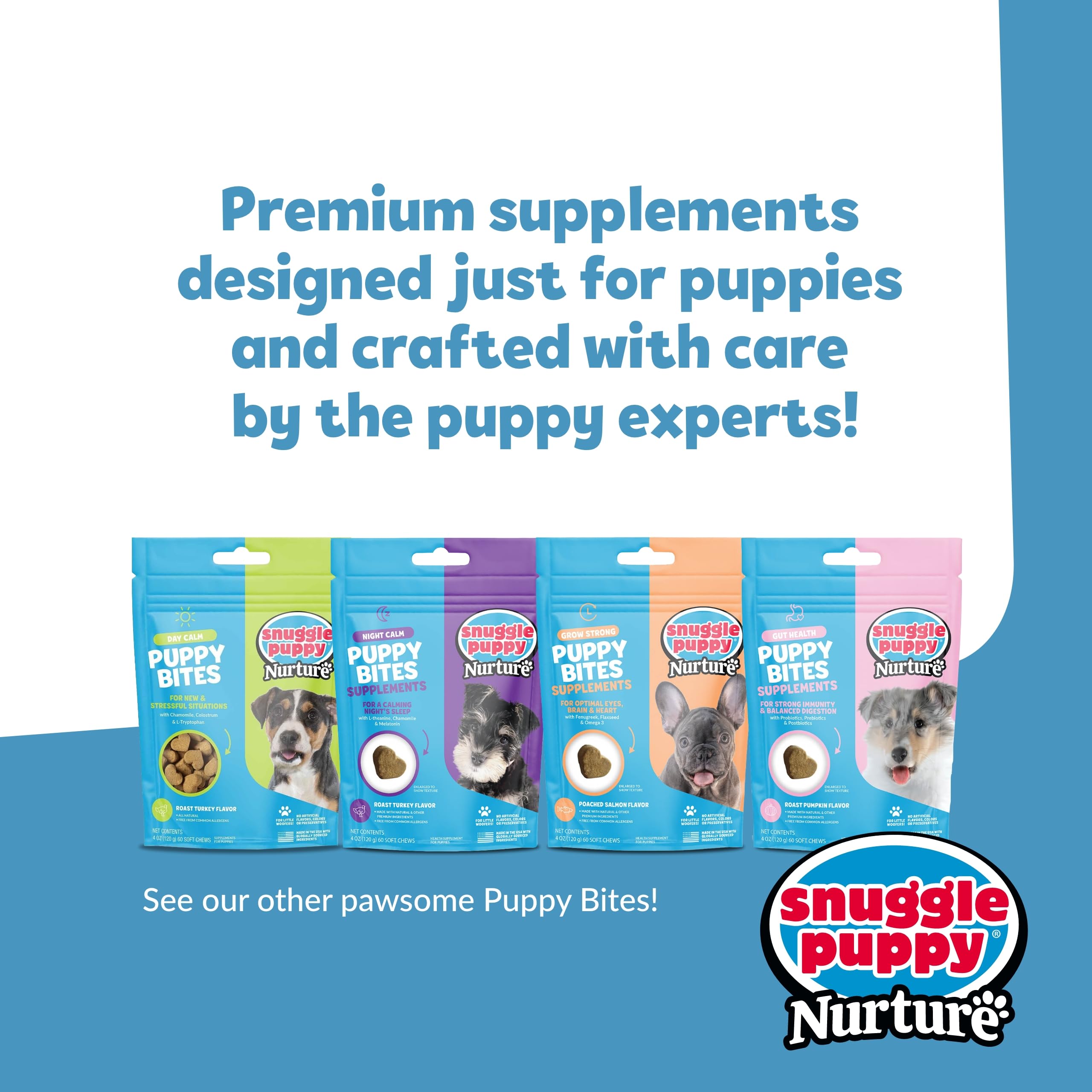 Snuggle Puppy Night Calm Puppy Bites - Calming Chew Bites for Dogs - Puppy Supplement to Support Restfulness & Sleep - Puppy Chew Bites with Melatonin, Chamomile & Ashwagandha - 60 Soft Chews