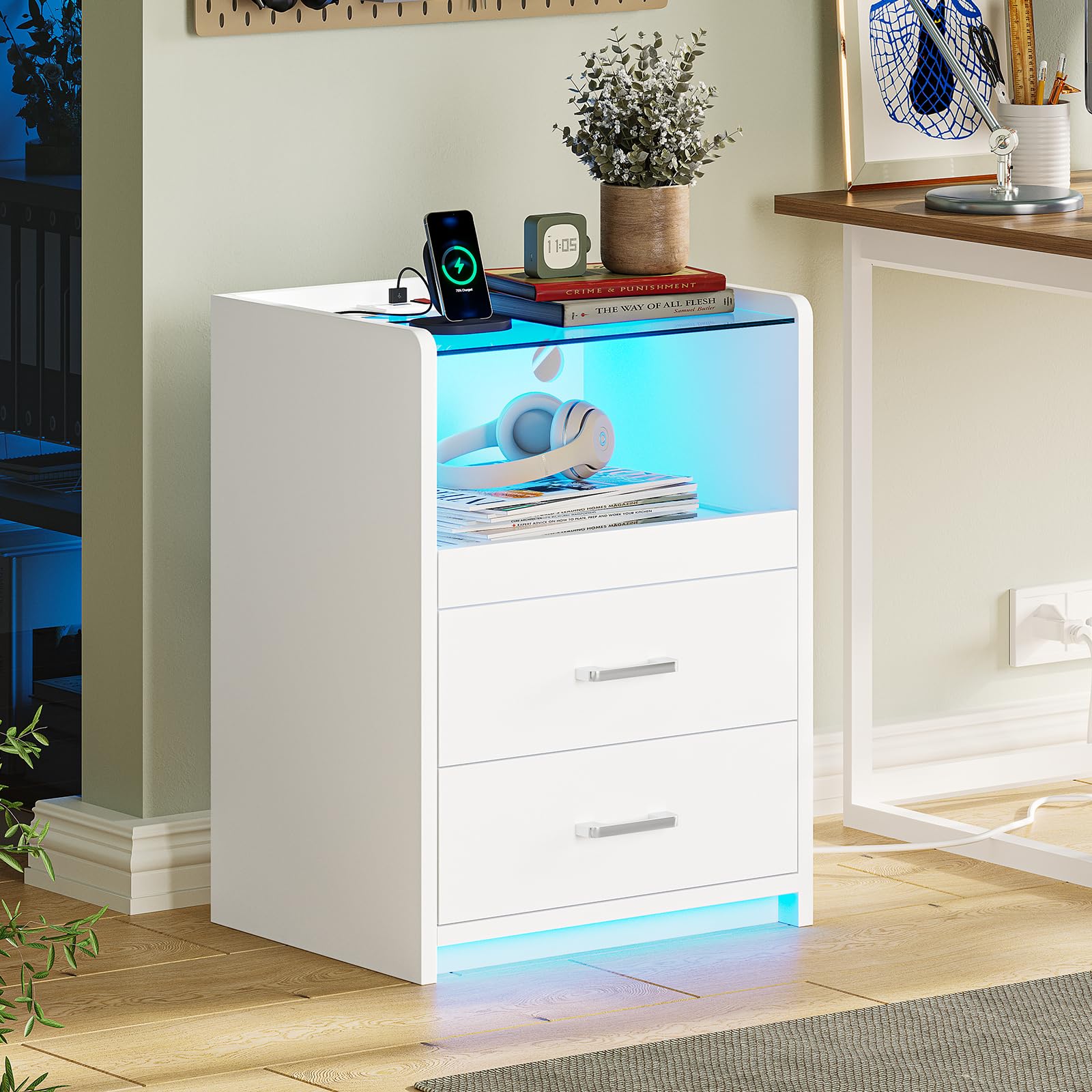 VIAGDO White Nightstand with Charging Station and LED Lights, 2 Drawers LED Night Stand with Tempered Glass Tabletop, Modern End Side Tables with Pull-Out Tray, Open Storage Bedside Tables