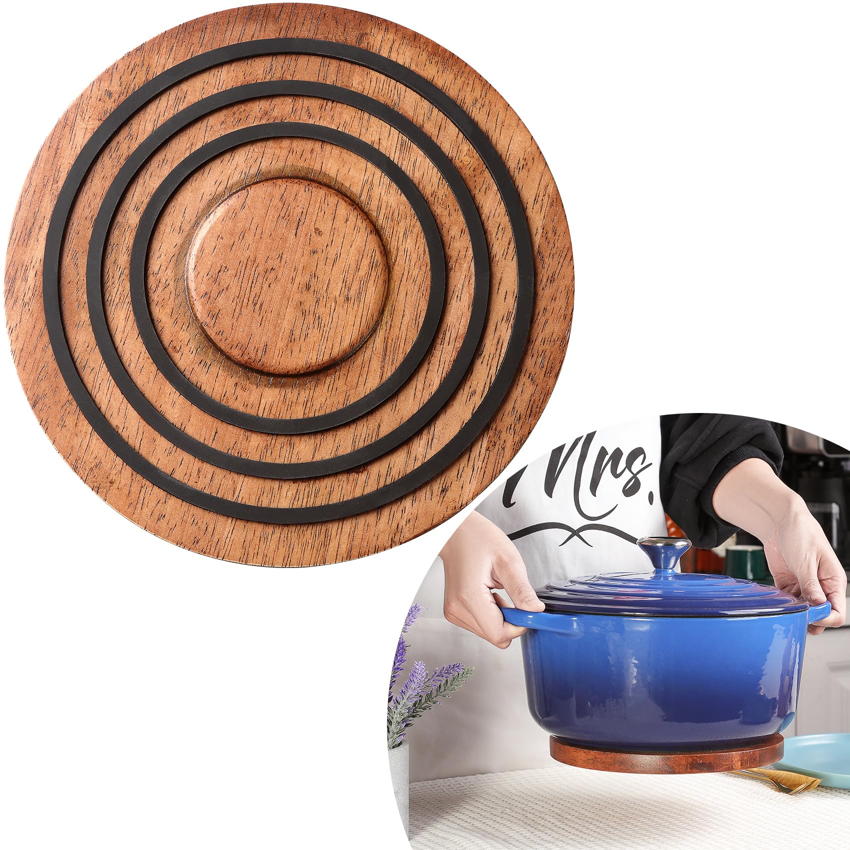 Magnetic Wooden Trivet for le creuset Dutch Oven, Acacia Wood with Black Silicone Rings, Magnetic Pot Holder Stand Pad for le creuset Enameled Cast Iron Dutch Oven&Cast Iron Skillets etc, Wood Trivet