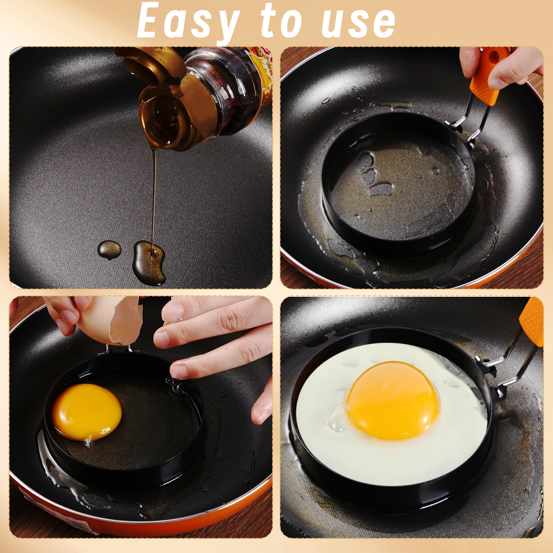 choyaxo 4 Pack Nonstick Egg Rings Stainless Steel Fried Egg Ring Griddle with Silicone Handle Professional Egg Patty Maker for Breakfast Burger Sandwich (orange)