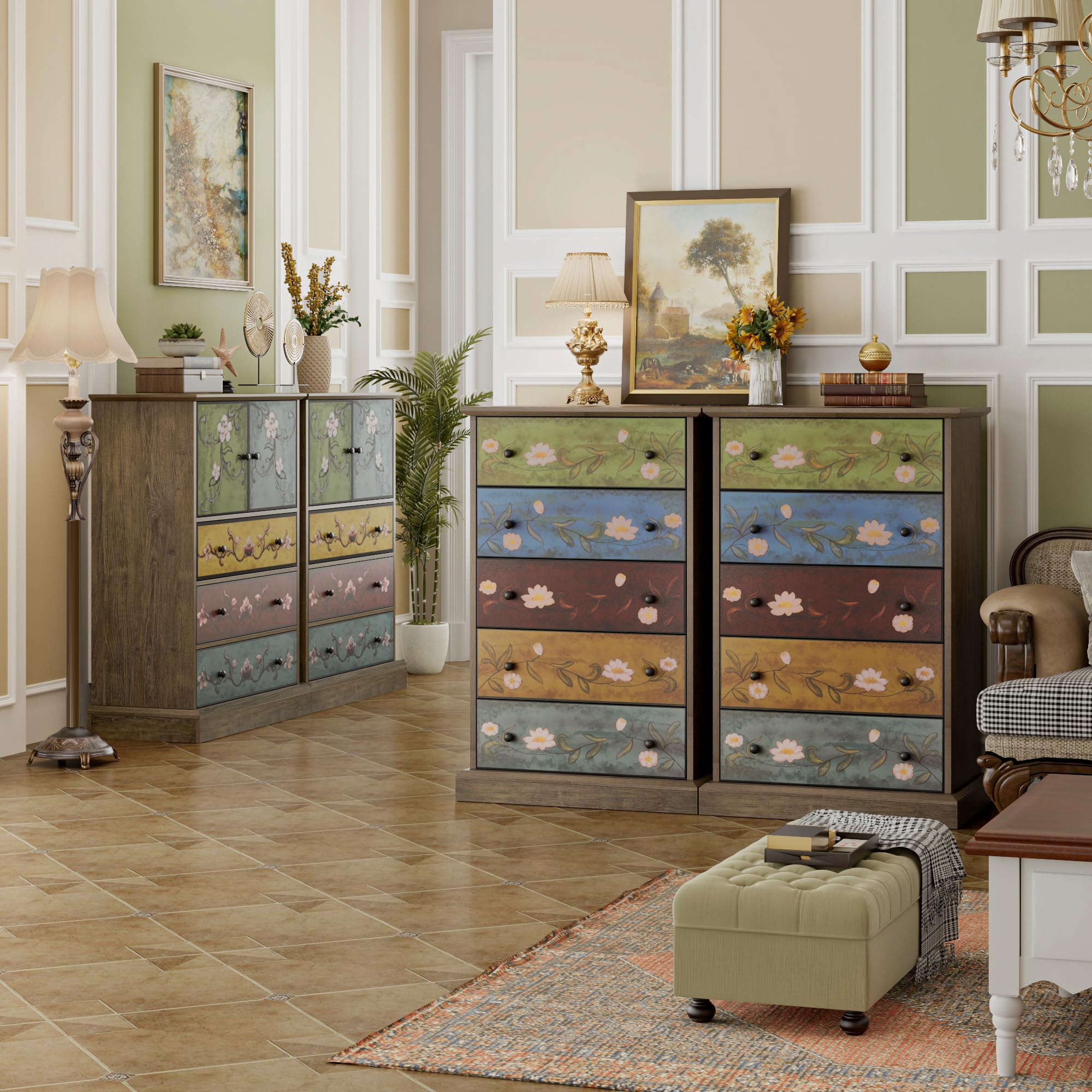 FINETONES 5 Drawer Dresser, Wood Dresser Boho Dresser Chest of Drawers, Tall Dresser with Large Storage Space, 16.3D x 23.6W x 39.4H Inch Wood Dresser Accent Dresser for Home Office