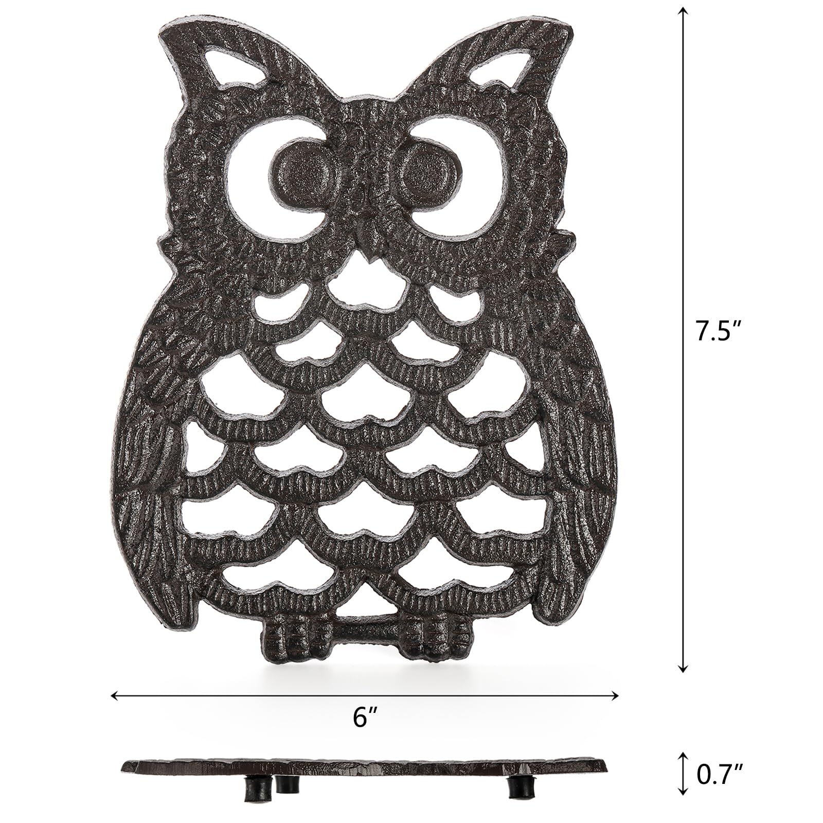 Hedume 2 Pcs Cast Iron Owl Trivets, Heavy Duty Cast Iron Trivet with Rubber Pegs, Decorative Trivet for Kitchen Counter or Dining Table, Insulation Pad, Anti-Scald Pad, Heat Resistant Pad-Rust Brown