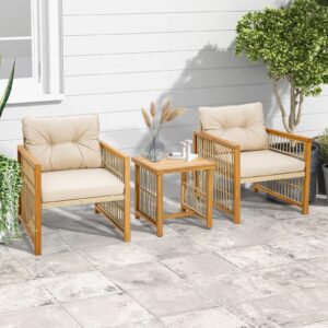 Tangkula 3 Pieces Acacia Wood Patio Furniture Set, PE Wicker Bistro Set with Cushioned Chairs and Coffee Table, Outdoor Conversation Set for Porch, Deck, Balcony, Backyard (Beige)