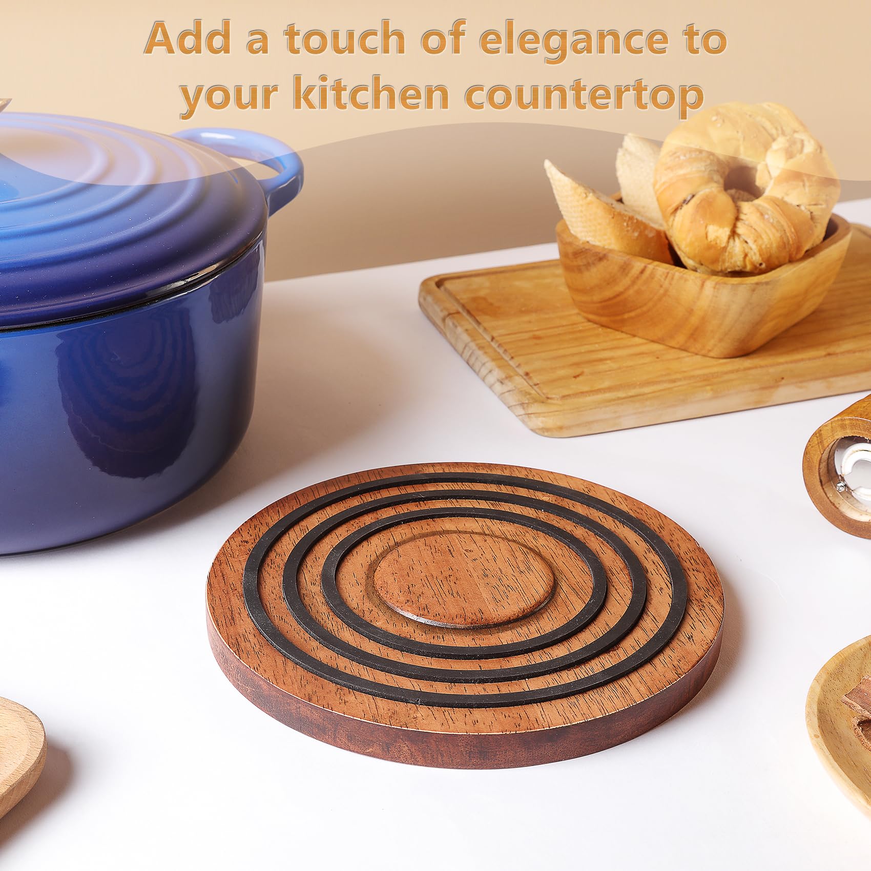 Magnetic Wooden Trivet for le creuset Dutch Oven, Acacia Wood with Black Silicone Rings, Magnetic Pot Holder Stand Pad for le creuset Enameled Cast Iron Dutch Oven&Cast Iron Skillets etc, Wood Trivet