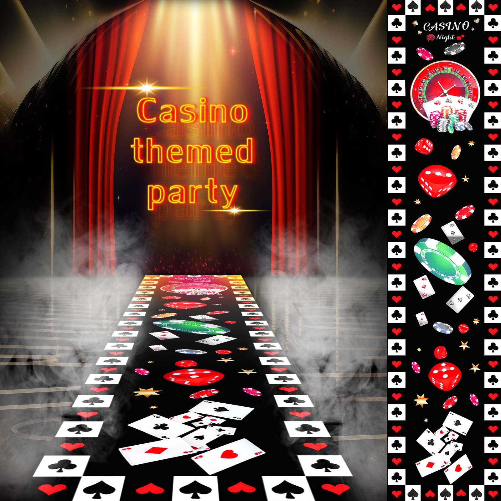 Thyle Casino Party Carpet Disco Runner Rug Party Aisle Hallway Rug 10 ft Area Track Floor Runner Non Slip Western Poker Rug with 2 Carpet Tape for Decor Birthday Theme Gathering (Casino)