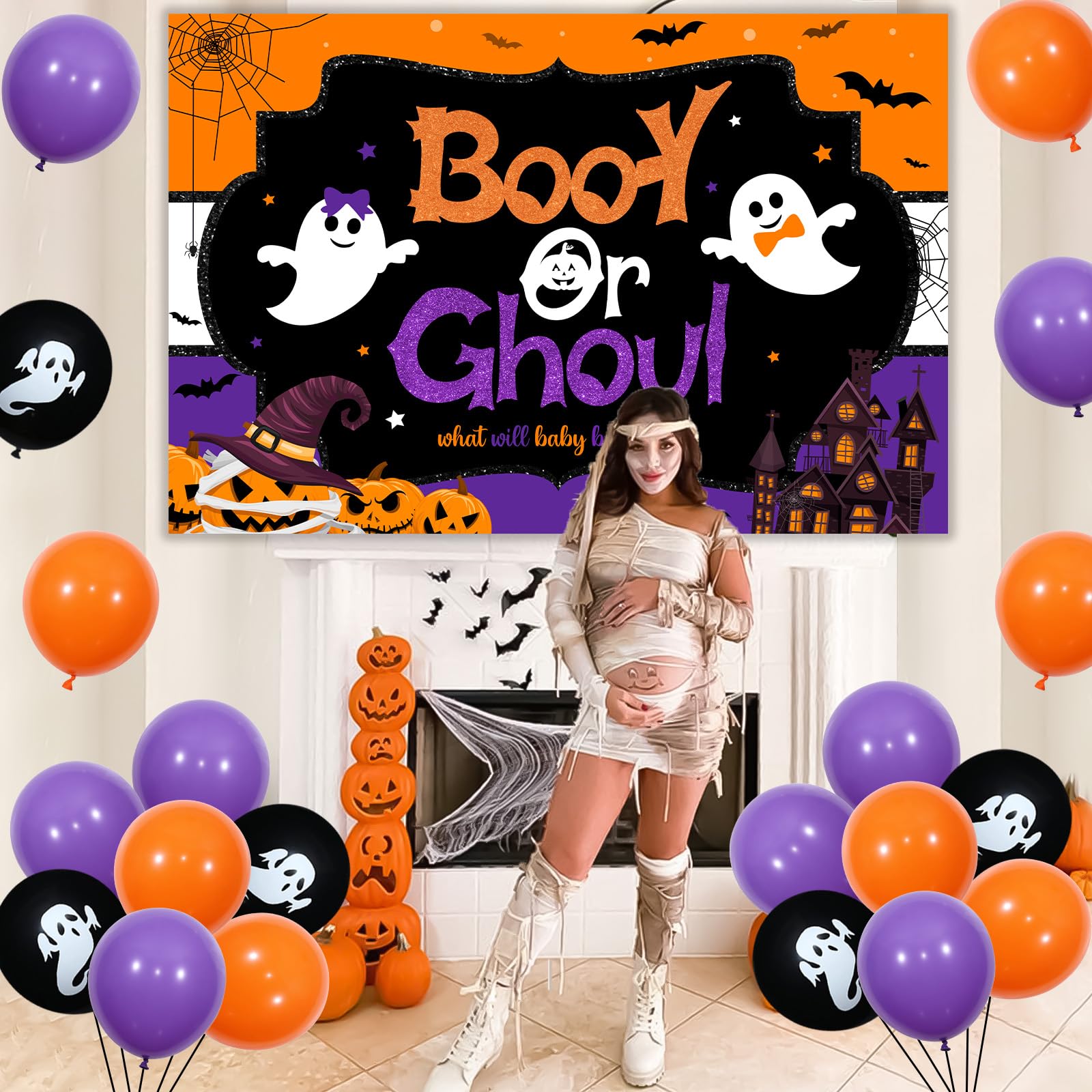 Halloween Gender Reveal Decorations, Booy or Ghoul Banner Backdrop, Orange and Purple Gender Reveal Decorations, Ghost Balloons for Halloween Baby Shower Decorations