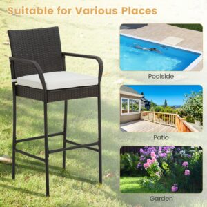 HAPPYGRILL Wicker Bar Stools Set of 4, Bar Chairs with Armrests, Footrests, Seat Cushions, Outdoor High Back Bar Stools for Patio Balcony Poolside