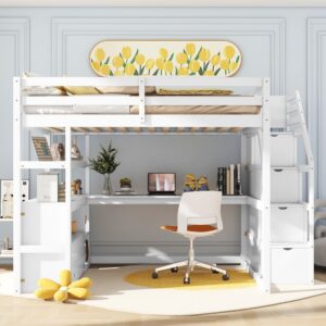 Full Loft Bed with Stairs and Desk, Wood Loft Bed Frame with Storage Cabinet, High Loft Beds with Drawers & Shelf for Kids, Juniors, Teen, Boys, Girls, White