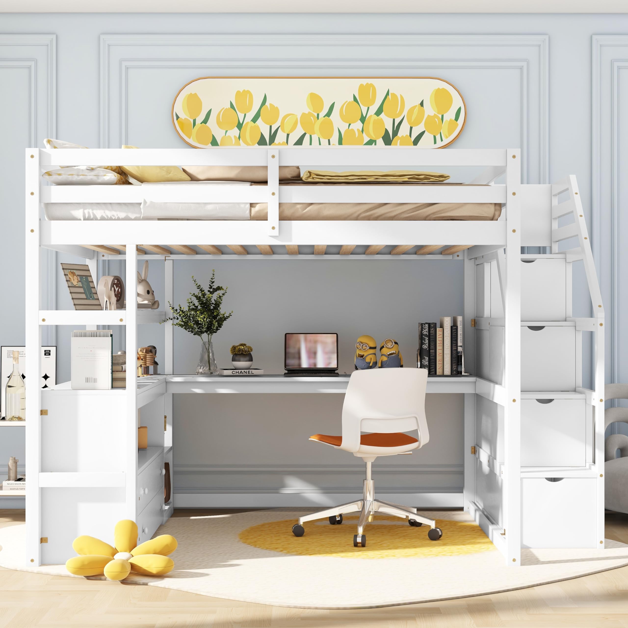 Full Loft Bed with Stairs and Desk, Wood Loft Bed Frame with Storage Cabinet, High Loft Beds with Drawers & Shelf for Kids, Juniors, Teen, Boys, Girls, White