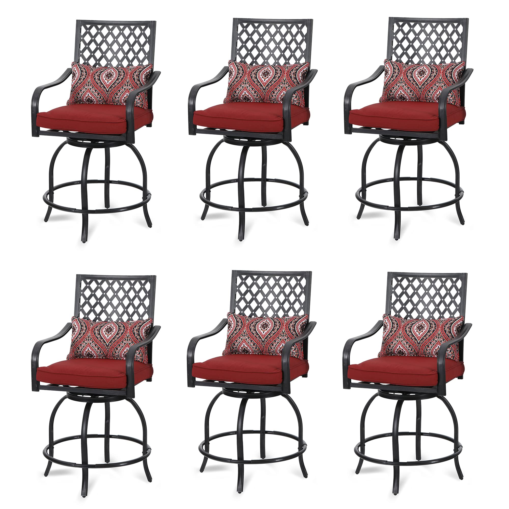 Sophia & William Outdoor Swivel Bar Stools Set of 6 Patio Bar Height Dining Chairs, All-Weather Metal Furniture Set with Armrest and Cushion for Garden Lawn Backyard, Red