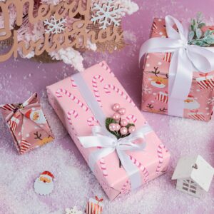 LeZakaa Reversible Christmas Wrapping Paper - Jumbo Roll - Santa Claus & Candy Cane with Metallic Foil in Pink - 24 inches x 100 Feet (200 sq.ft.)