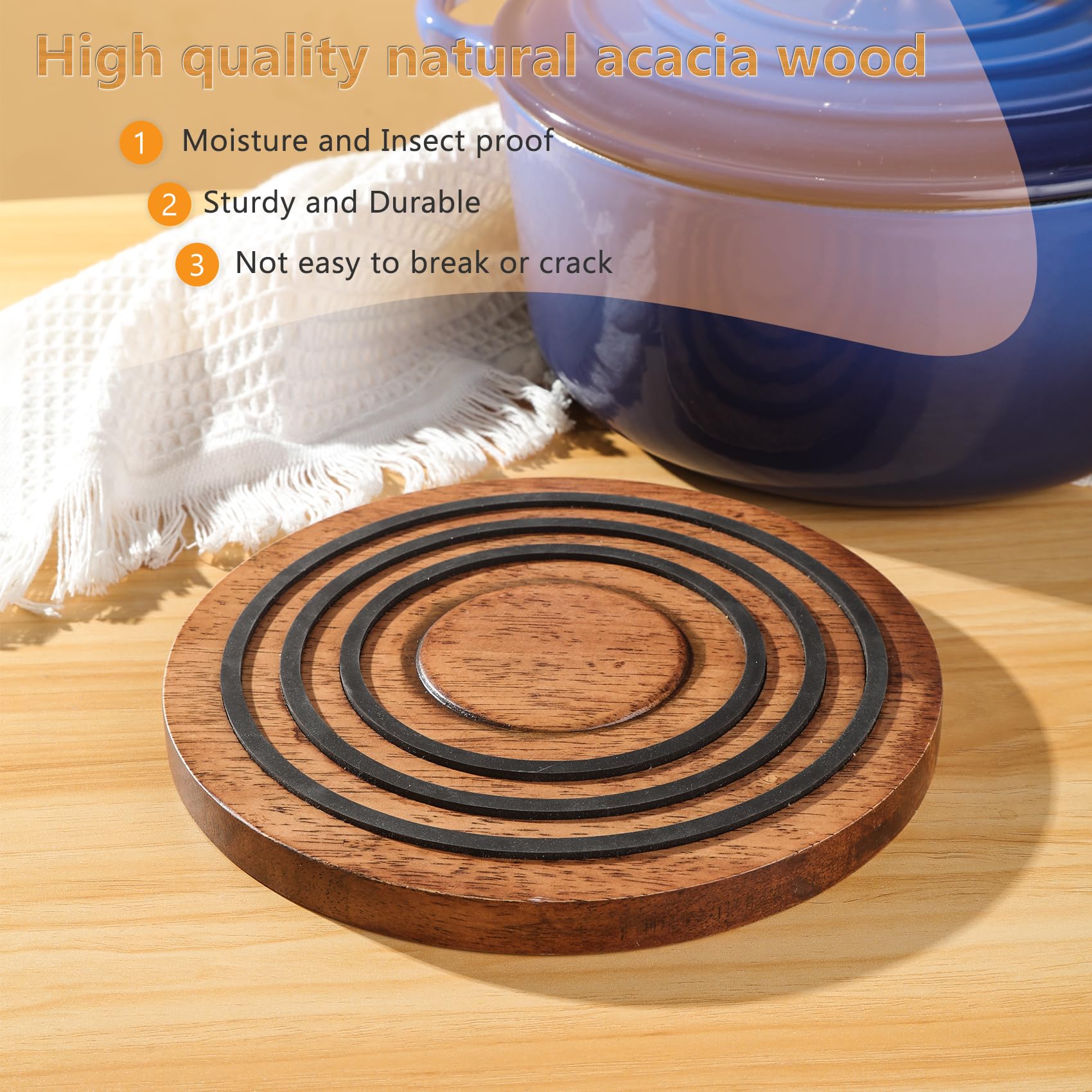 Magnetic Wooden Trivet for le creuset Dutch Oven, Acacia Wood with Black Silicone Rings, Magnetic Pot Holder Stand Pad for le creuset Enameled Cast Iron Dutch Oven&Cast Iron Skillets etc, Wood Trivet