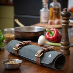 Knife Bag made of durable Canvas & genuine Leather - Chef's Knife Roll Case for Cooking & BBQ - Knives storage case Lars (Olive-Green)