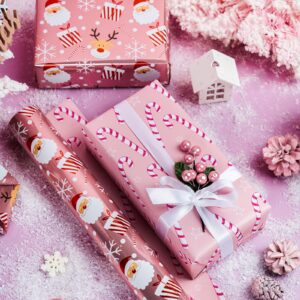 LeZakaa Reversible Christmas Wrapping Paper - Jumbo Roll - Santa Claus & Candy Cane with Metallic Foil in Pink - 24 inches x 100 Feet (200 sq.ft.)