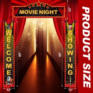 3 Pieces Light Movie Night Porch Sign Banner LED Movie Theme Party Decorations Movie Theater Welcome Now Showing Lights Camera Action Hanging Porch Sign for Home Film Backdrop Party Supplies