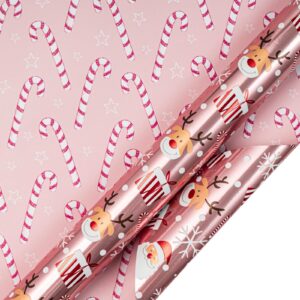 LeZakaa Reversible Christmas Wrapping Paper - Jumbo Roll - Santa Claus & Candy Cane with Metallic Foil in Pink - 24 inches x 100 Feet (200 sq.ft.)