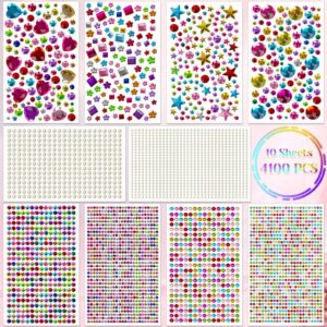 ROADPLUM 4100Pcs Gem Stickers for Crafts, 10 Sheets Self Adhesive Gemstones Pearl Jewels Stickers for Kids Crafts, Stick on Gems Pearls for Hair, Bling Rhinestone Stickers for Decoration