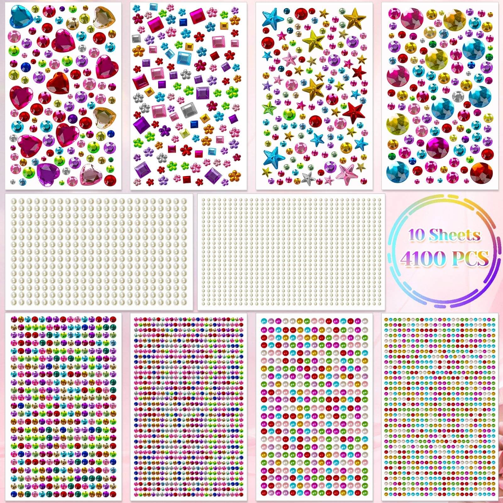 ROADPLUM 4100Pcs Gem Stickers for Crafts, 10 Sheets Self Adhesive Gemstones Pearl Jewels Stickers for Kids Crafts, Stick on Gems Pearls for Hair, Bling Rhinestone Stickers for Decoration