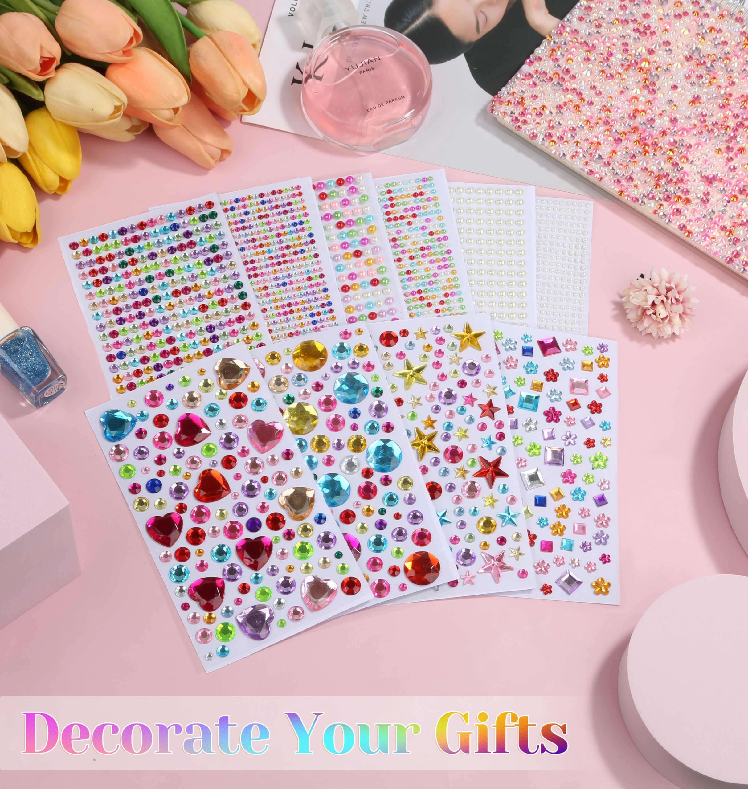 ROADPLUM 4100Pcs Gem Stickers for Crafts, 10 Sheets Self Adhesive Gemstones Pearl Jewels Stickers for Kids Crafts, Stick on Gems Pearls for Hair, Bling Rhinestone Stickers for Decoration