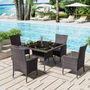 asjmr 5 pieces dining sets for 4 with rattan wicker dining set chairs and square table glass top with umbrella cutout, outdoor and indoor set for patio, backyard, garden, poolside, kitchen-dark blue