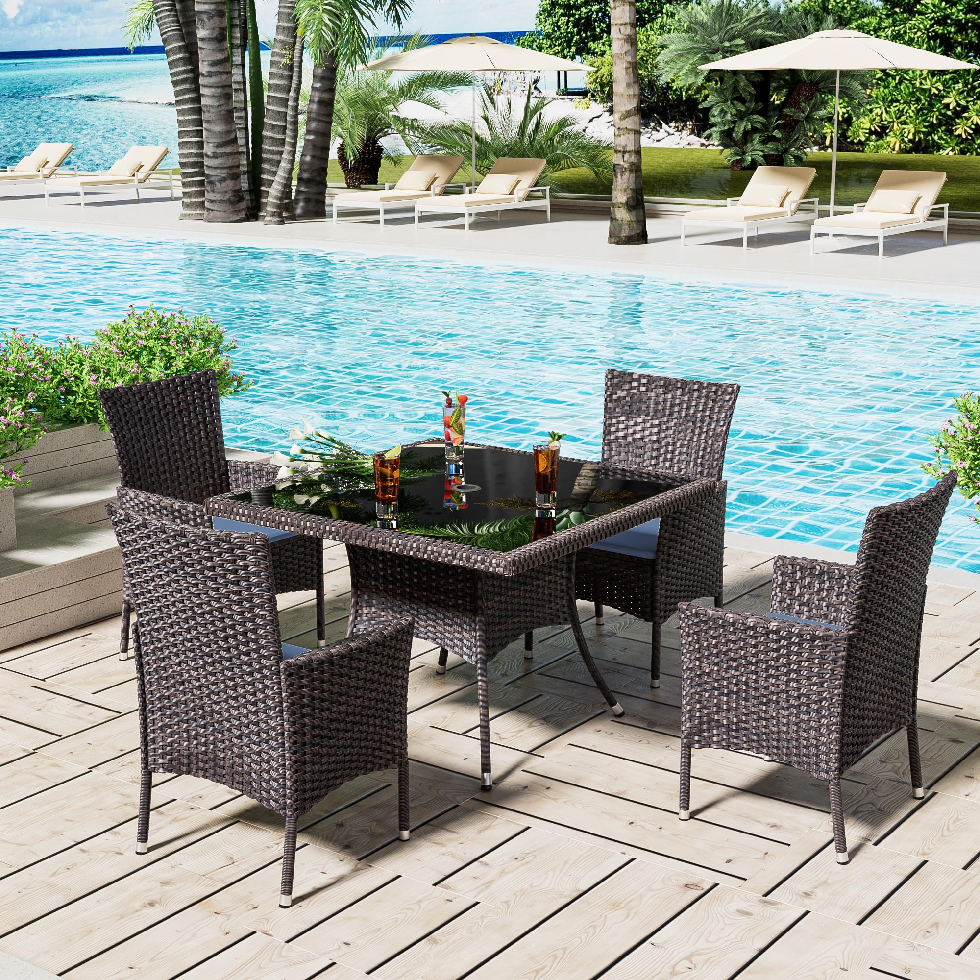 ASJMR 5 Pieces Dining Sets for 4 with Rattan Wicker Dining Set Chairs and Square Table Glass Top with Umbrella Cutout, Outdoor and Indoor Set for Patio, Backyard, Garden, Poolside, Kitchen-Dark Blue