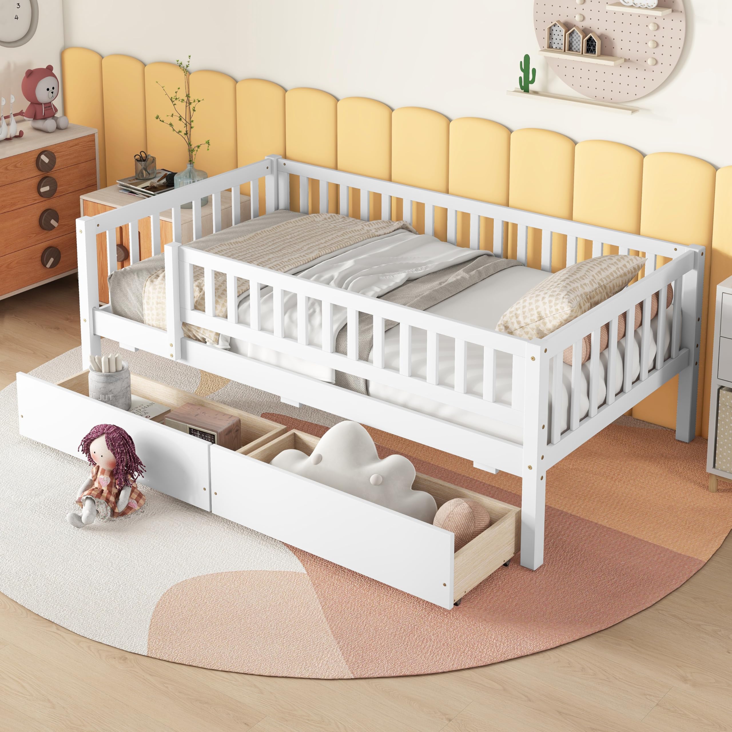 Harper & Bright Designs Twin Size Daybed with Two Drawers, Wood Kids Twin Platform Bed Frame with Storage and Rails, No Box Spring Needed, Easy Assembly (Twin Size, White)