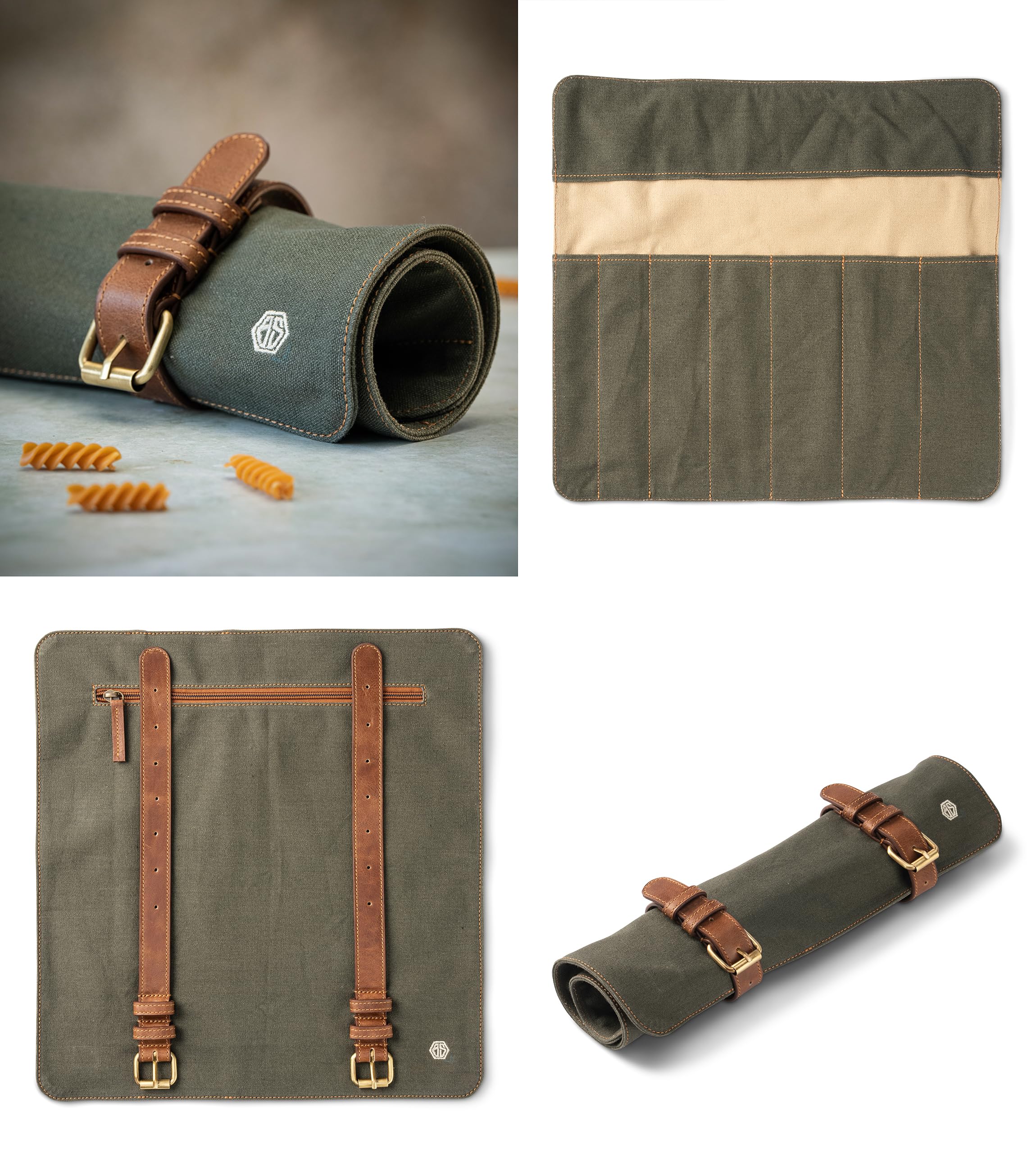 Knife Bag made of durable Canvas & genuine Leather - Chef's Knife Roll Case for Cooking & BBQ - Knives storage case Lars (Olive-Green)