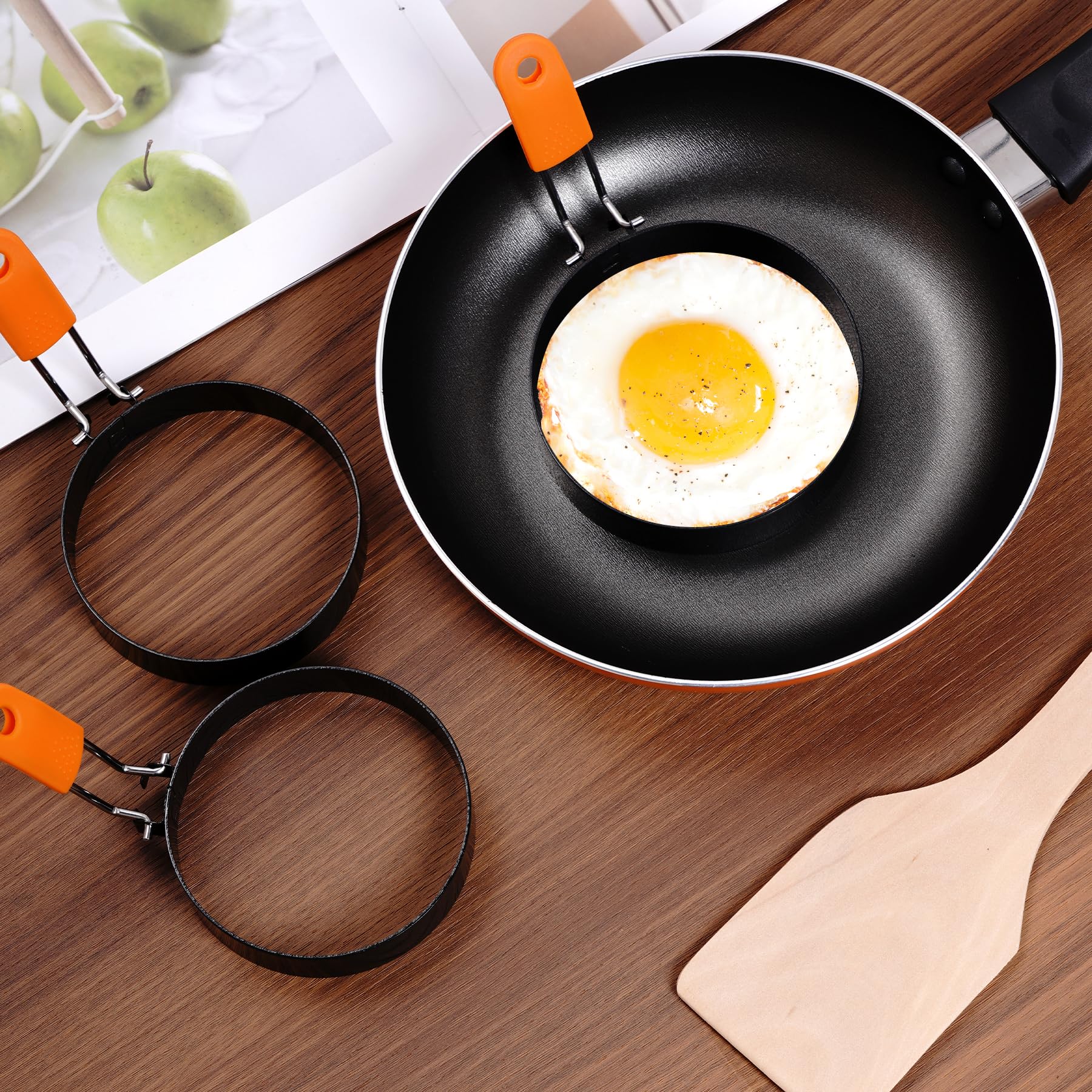 choyaxo 4 Pack Nonstick Egg Rings Stainless Steel Fried Egg Ring Griddle with Silicone Handle Professional Egg Patty Maker for Breakfast Burger Sandwich (orange)