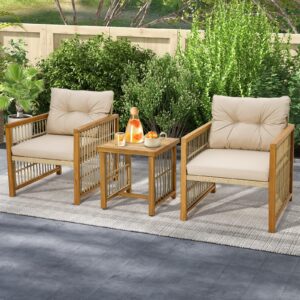 HAPPYGRILL 3 Pieces Patio Furniture Set, PE Wicker Conversation Set with Soft Seat & Back Cushions, Stable Acacia Wood Frame, Outdoor Sofa Set for Backyard, Porch, Poolside