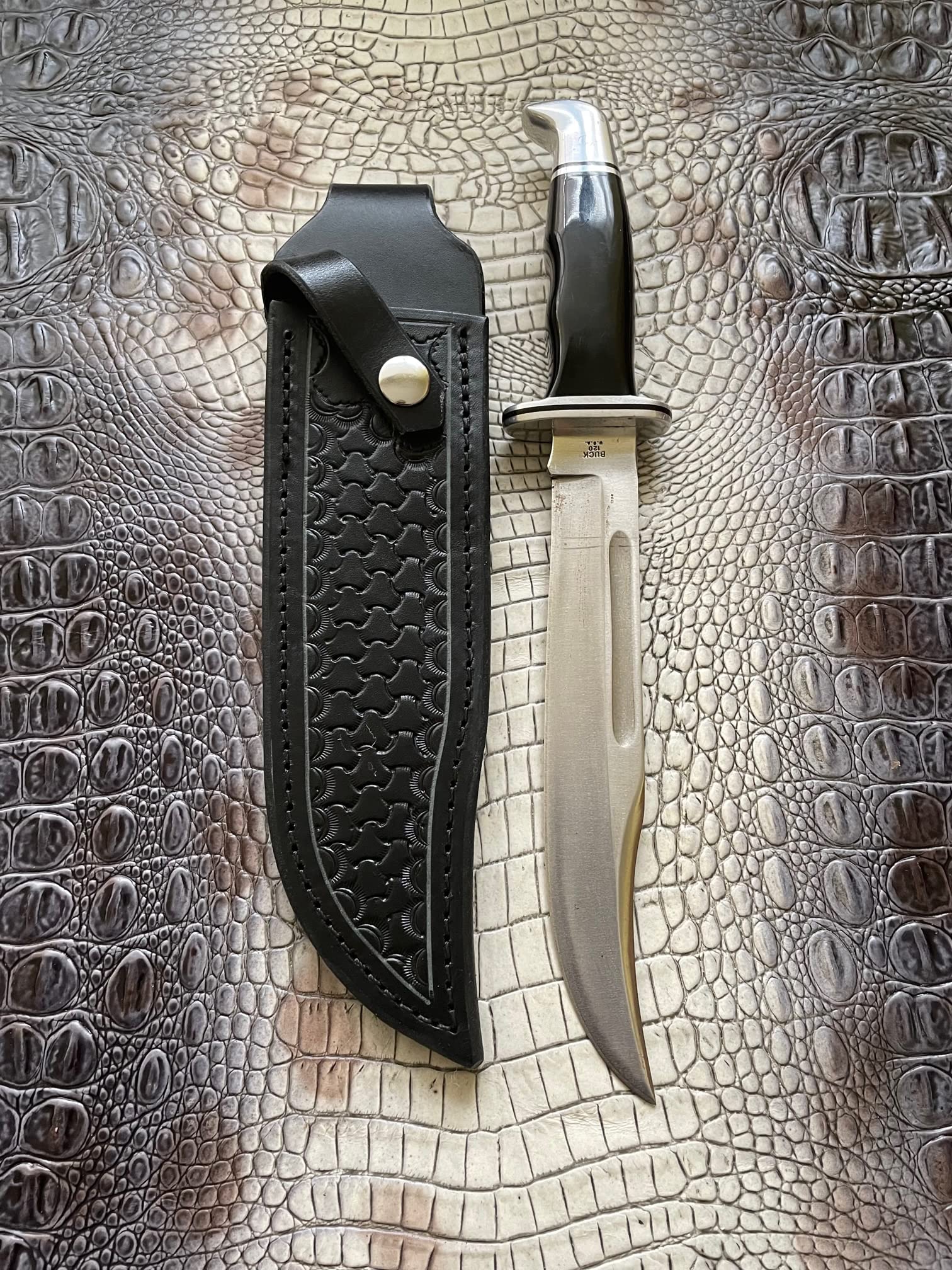 Carl Thomas Leathers Custom Leather Knife Sheath Fits Buck 120 Knife, Fixed Blade Knife Holder, Black, Sheath Only